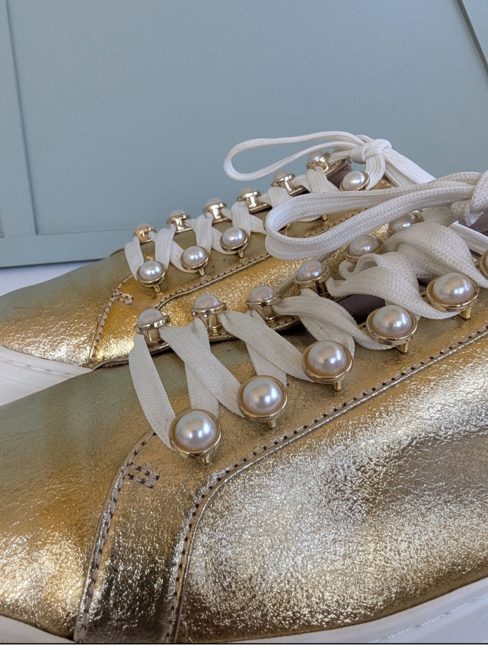 Stuart Weitzman Gold Pearl-Embellished Platform Sneakers EXCELSA 8.5